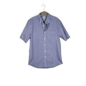 LL Bean Traditional Fit Short Sleeve Button Up Shirt Blue Gingham Cotton Mens S